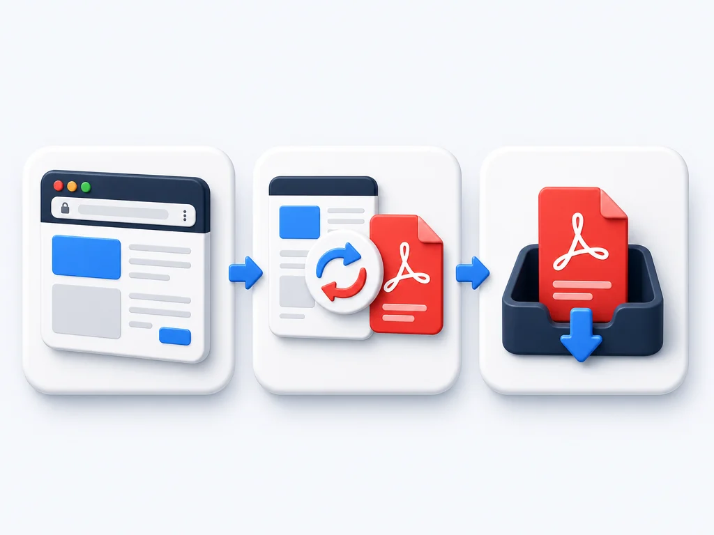 Upload, convert and download steps for converting HTML to PDF