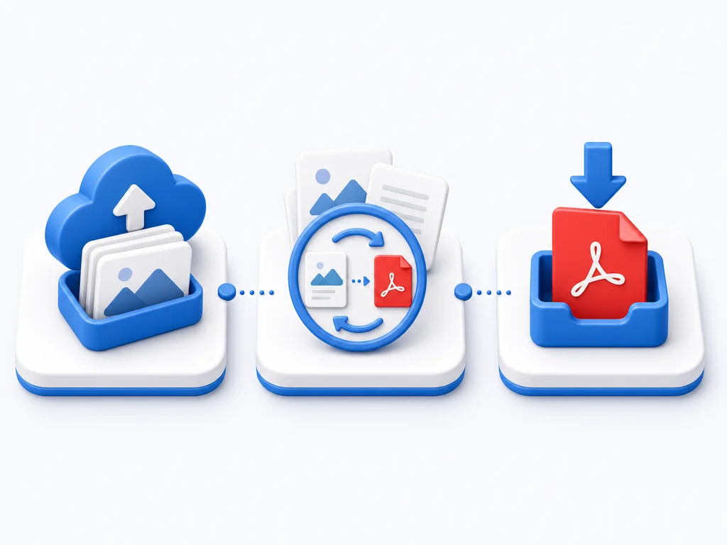 Upload, arrange and download steps for converting JPG to PDF