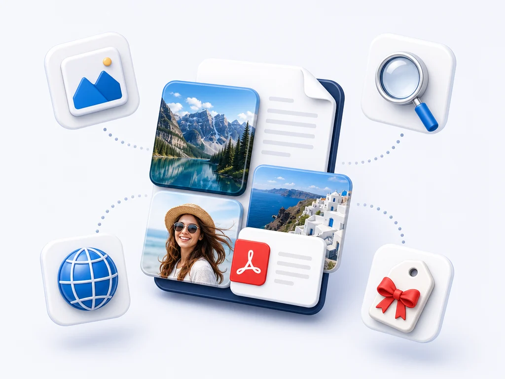 Feature cards for a free high-quality PDF to JPG converter