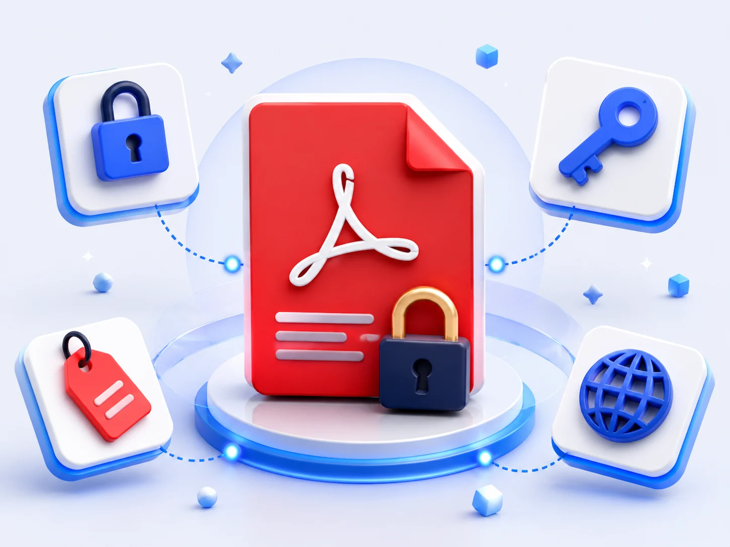 Feature cards for a free tool to password protect a PDF online