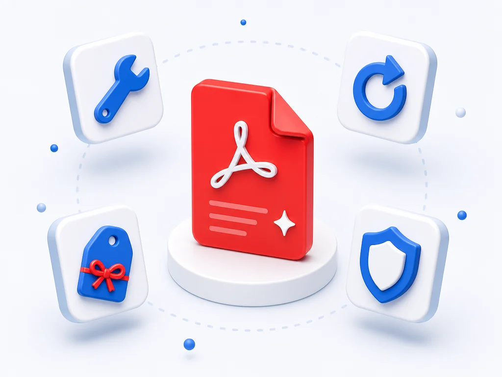 Feature cards for a free online PDF repair tool