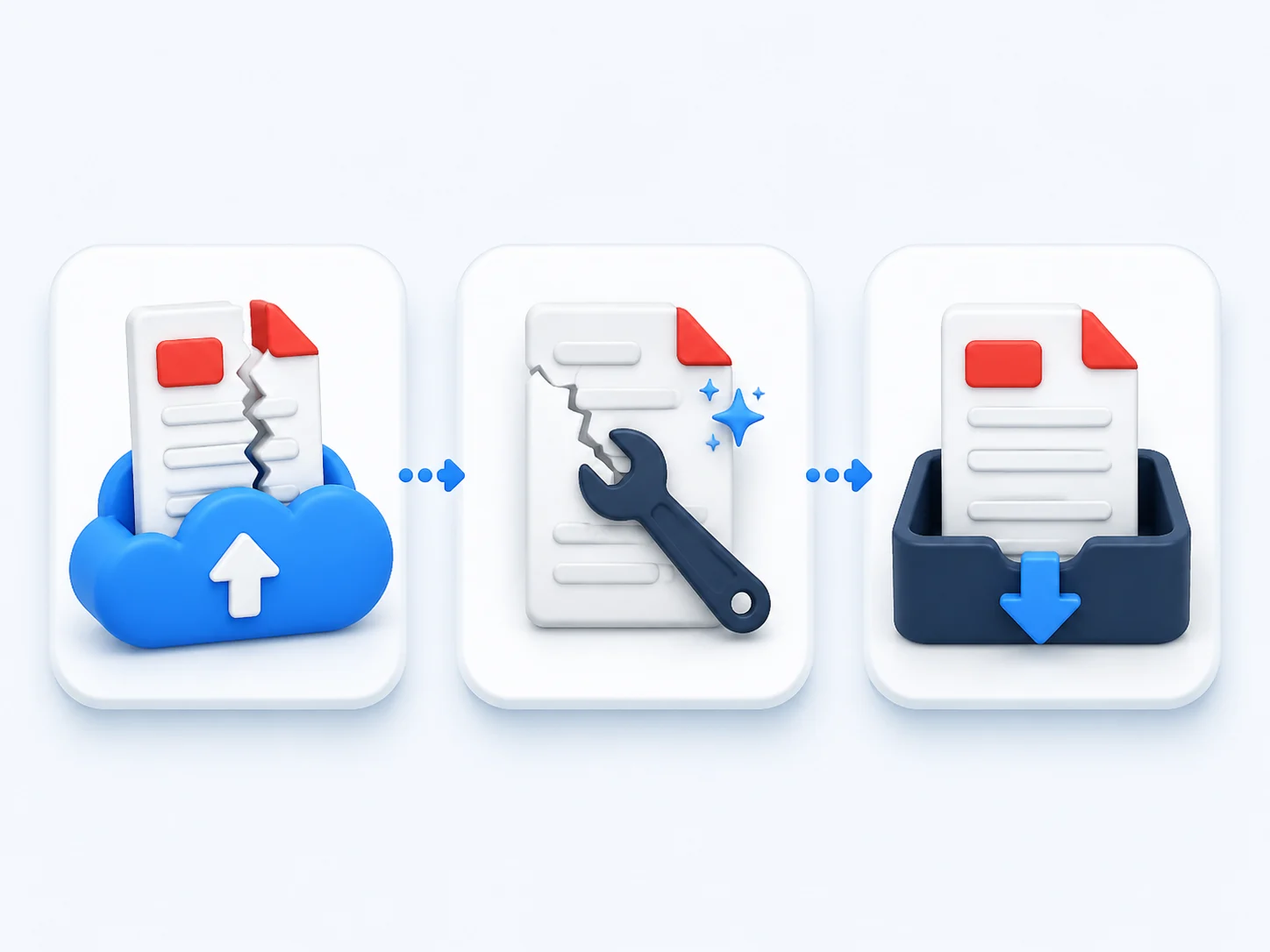 Upload, repair and download steps for fixing a corrupted PDF file