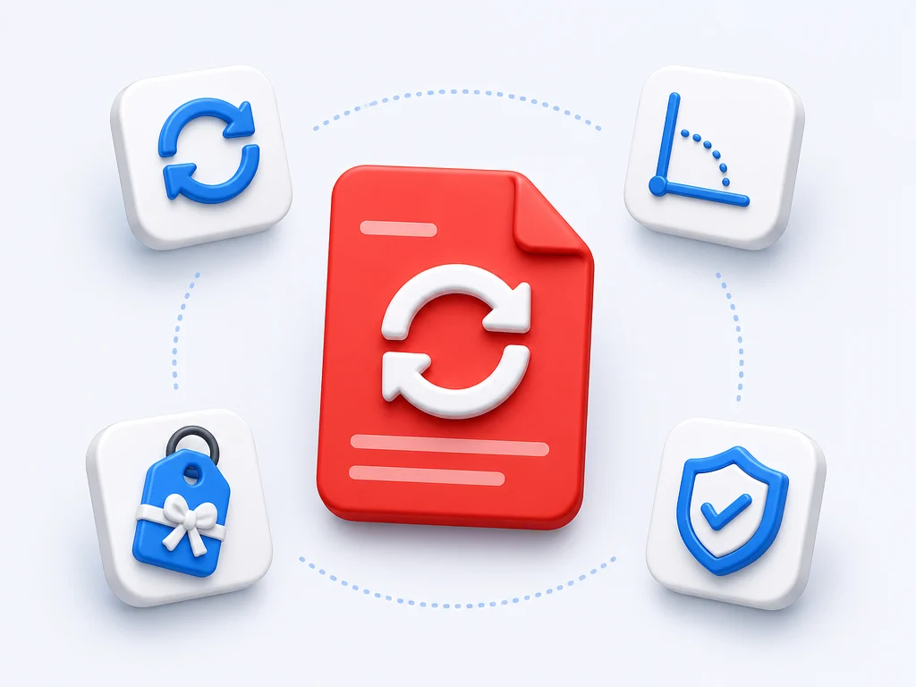 Feature cards for a free online tool to rotate PDF pages