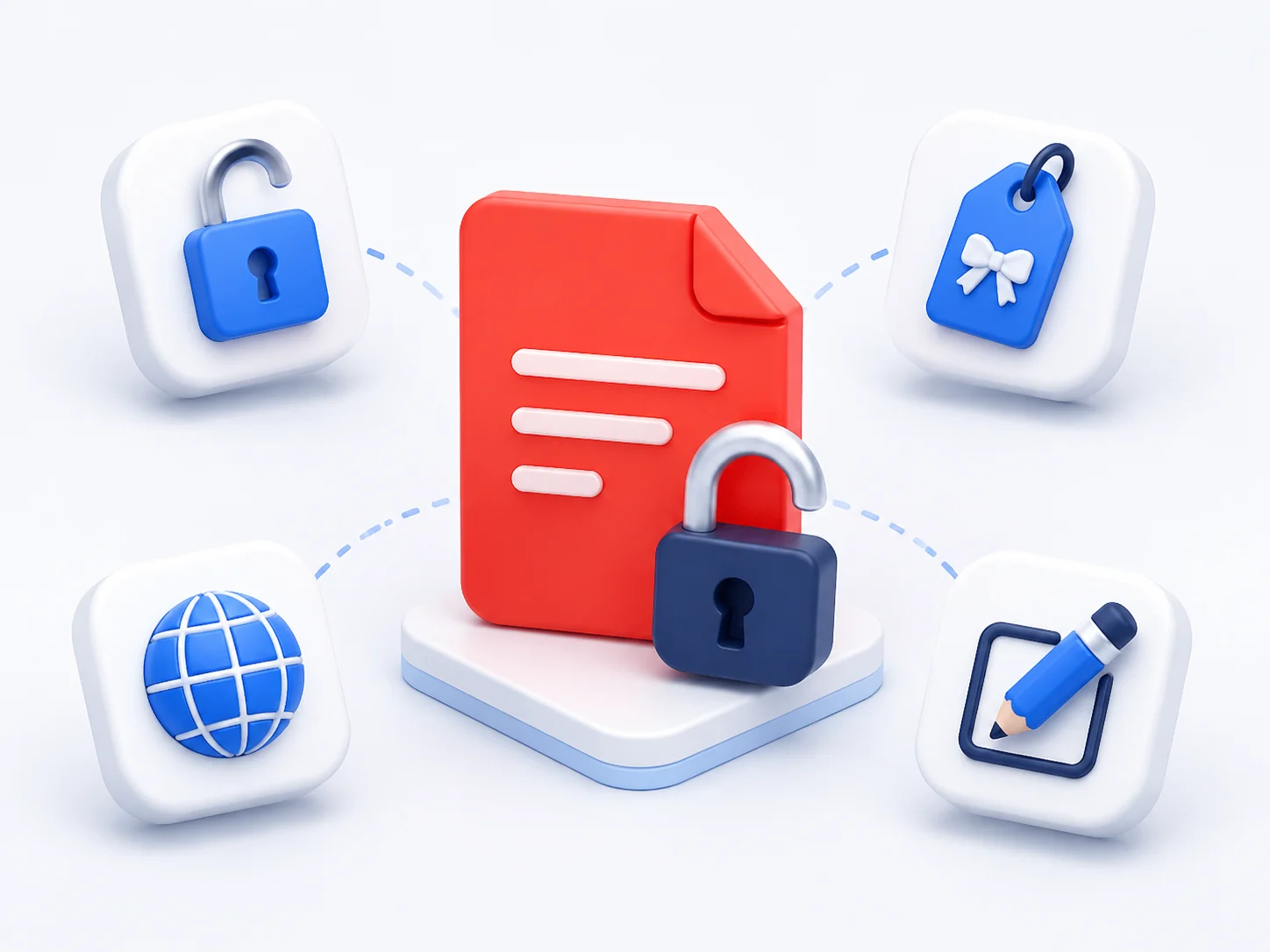 Feature cards for a free online PDF password remover that unlocks PDF files